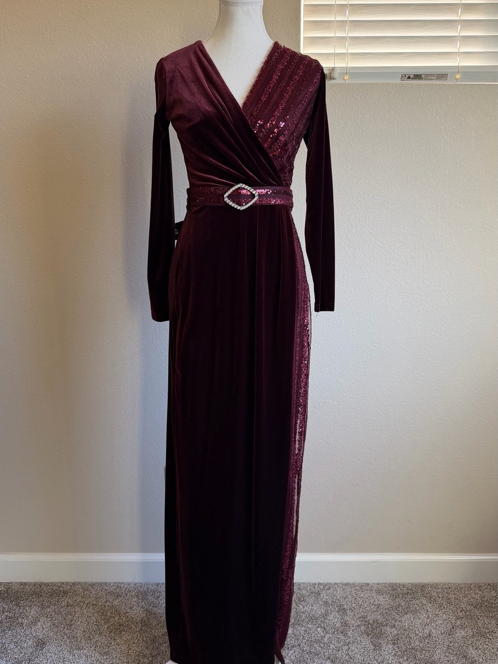 Elegant Burgundy Velvet Wrap Prom Dress with Sequin Accents